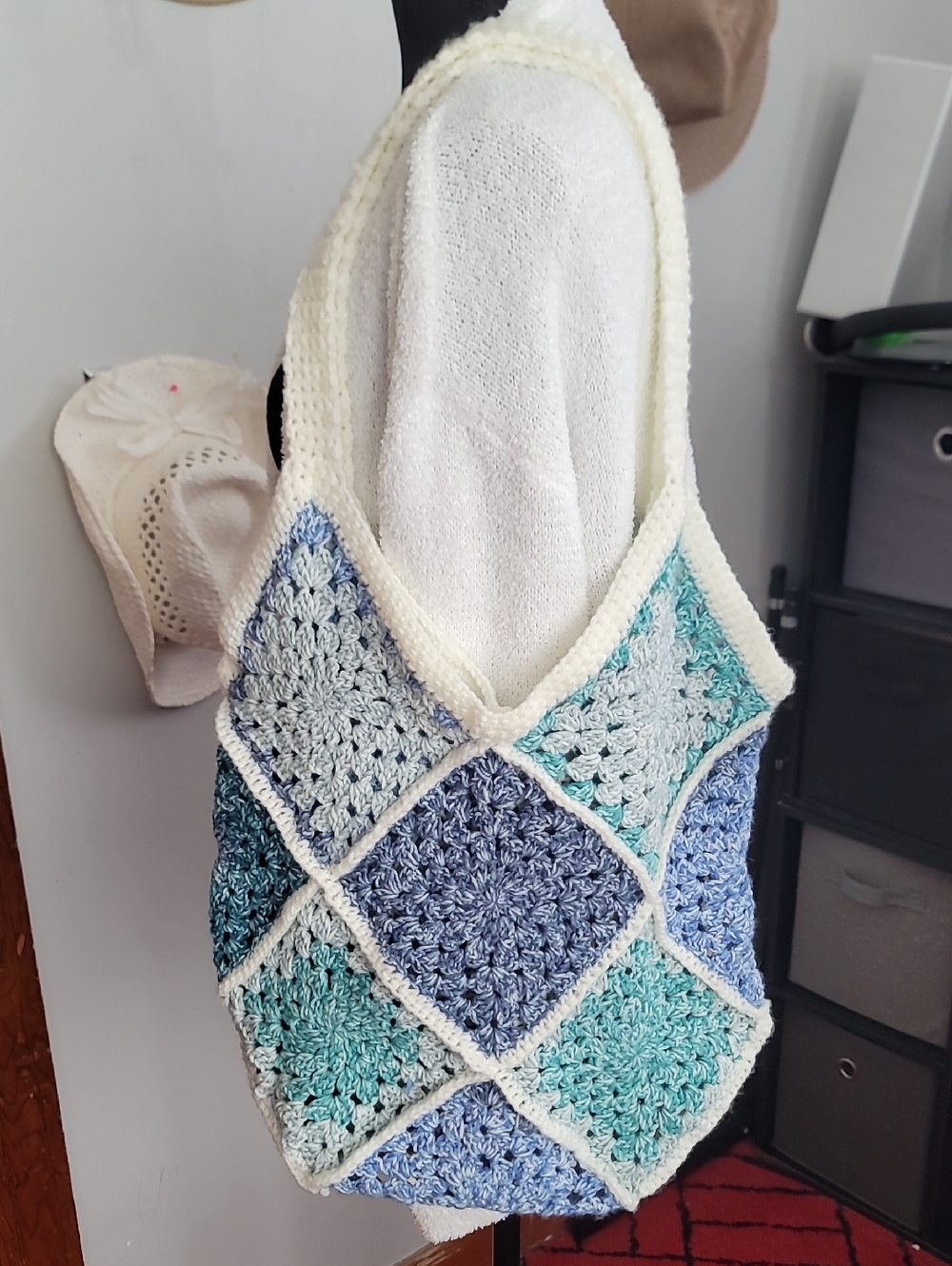 Handmade Crochet Shoulder Bag in Blue, Teal and Cream